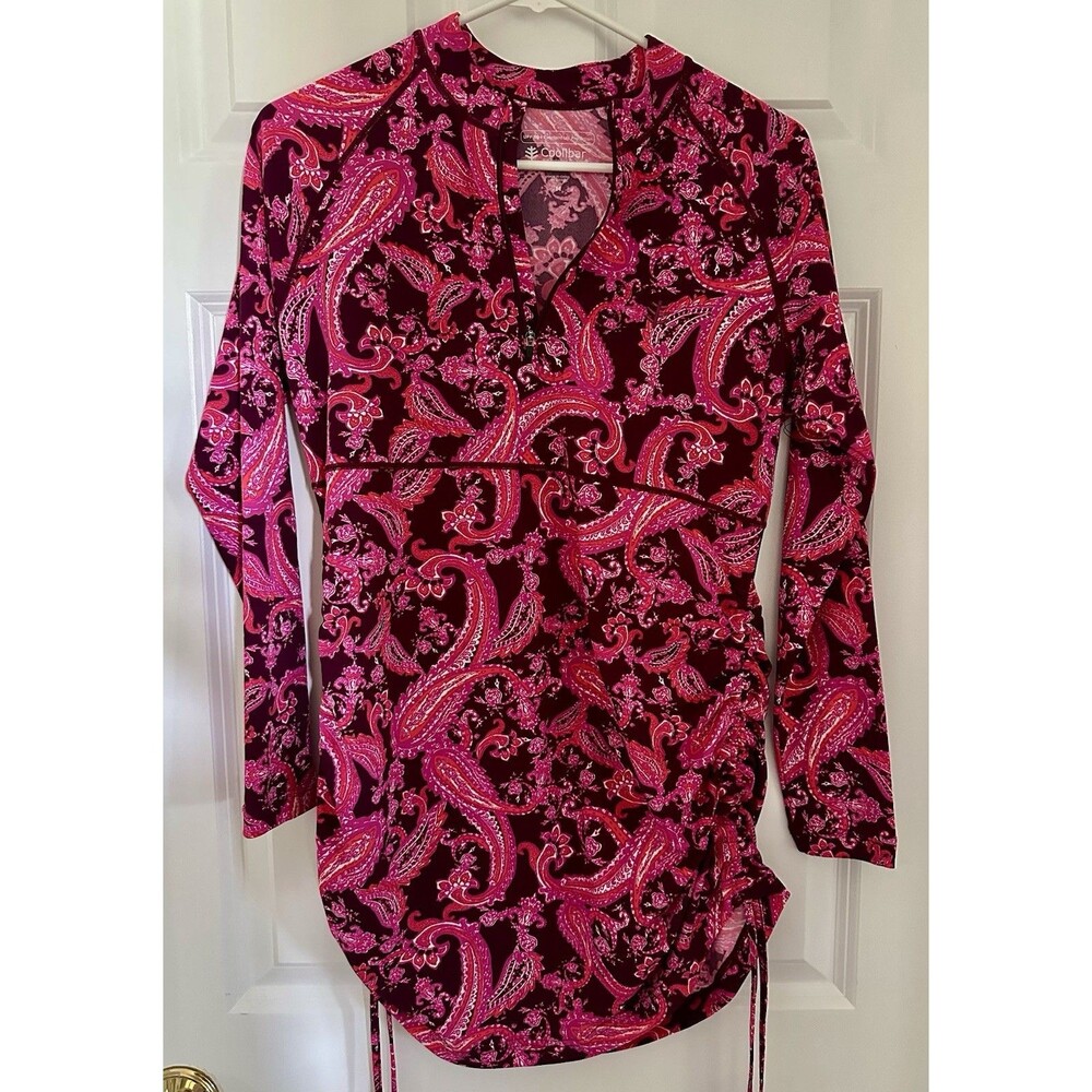 Coolibar Womens Dress Medium Long Sleeve UPF 50+ Pink Paisley Swim 1/4 Zip
